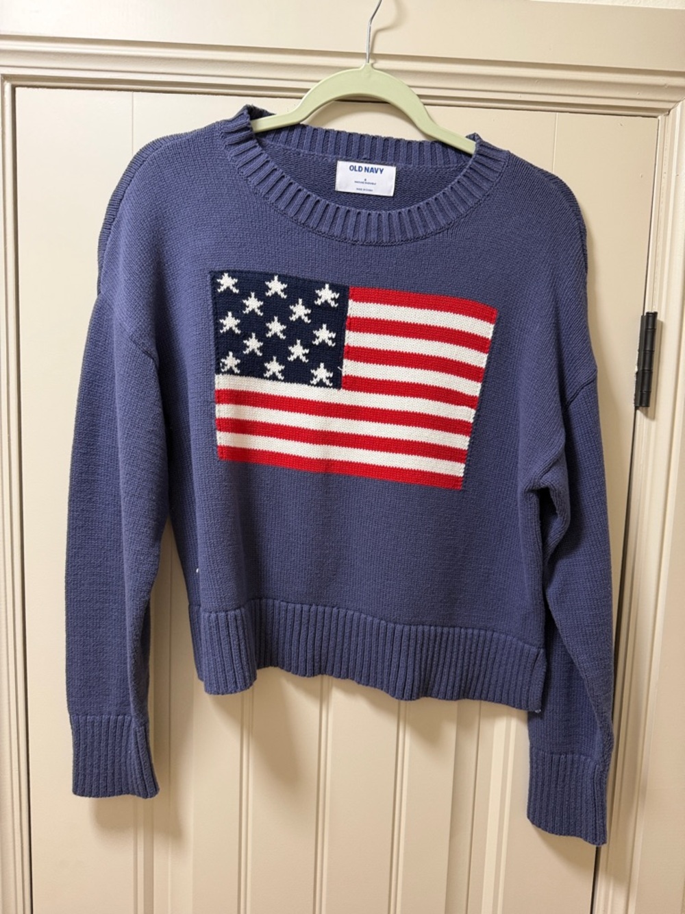 Old Navy Navy Crewneck Sweater with American Flag Intarsia